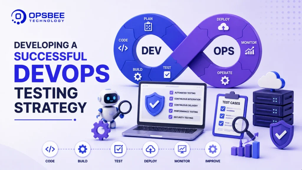 Developing a Successful DevOps Testing Strategy – 3D illustration showcasing automated testing, continuous integration, CI/CD pipelines, quality assurance, cloud infrastructure, and DevOps best practices.