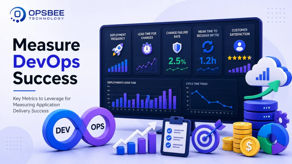 Measure DevOps Success: Key Metrics to Leverage for Measuring Application Delivery Success – 3D illustration showcasing DevOps KPIs, deployment frequency, lead time, application delivery metrics, cloud automation, and CI/CD performance.