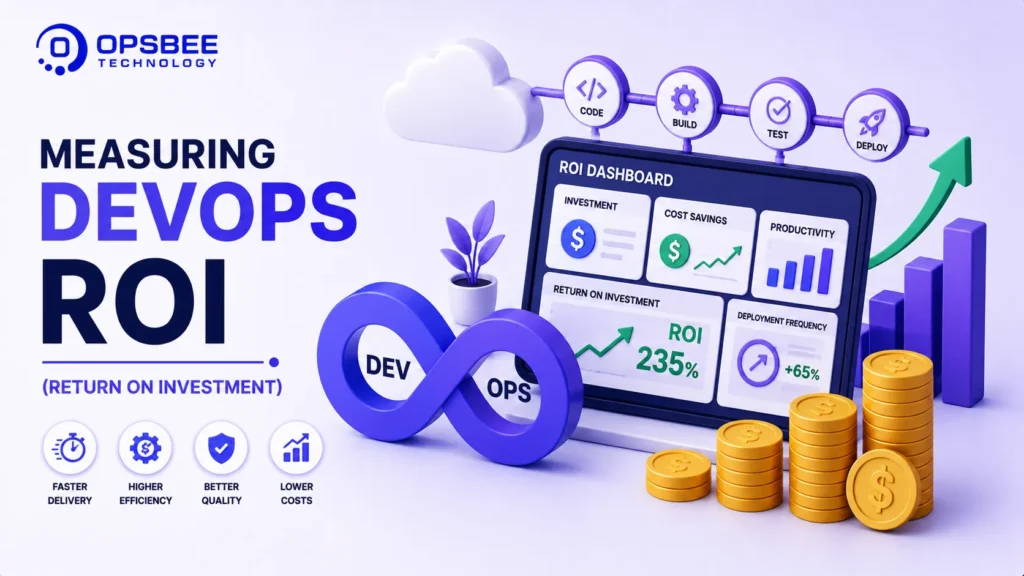 Measuring DevOps ROI (Return on Investment) – 3D illustration showcasing DevOps analytics, business performance, cost optimization, cloud automation, CI/CD, and software delivery metrics.