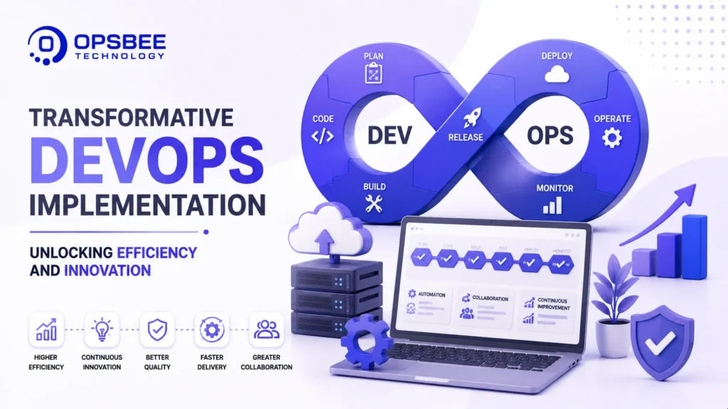 Transformative DevOps Implementation: Unlocking Efficiency and Innovation – 3D illustration showcasing DevOps automation, CI/CD, cloud infrastructure, continuous delivery, collaboration, and digital transformation.