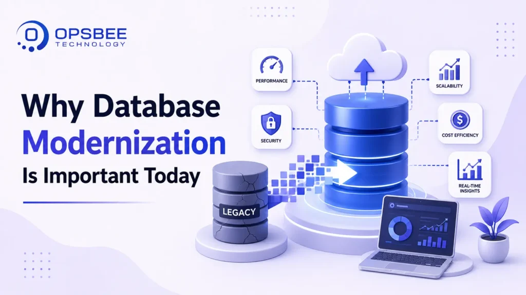 Why Database Modernization Is Important Today – 3D illustration showcasing legacy database modernization, cloud migration, database transformation, scalability, security, and performance optimization.
