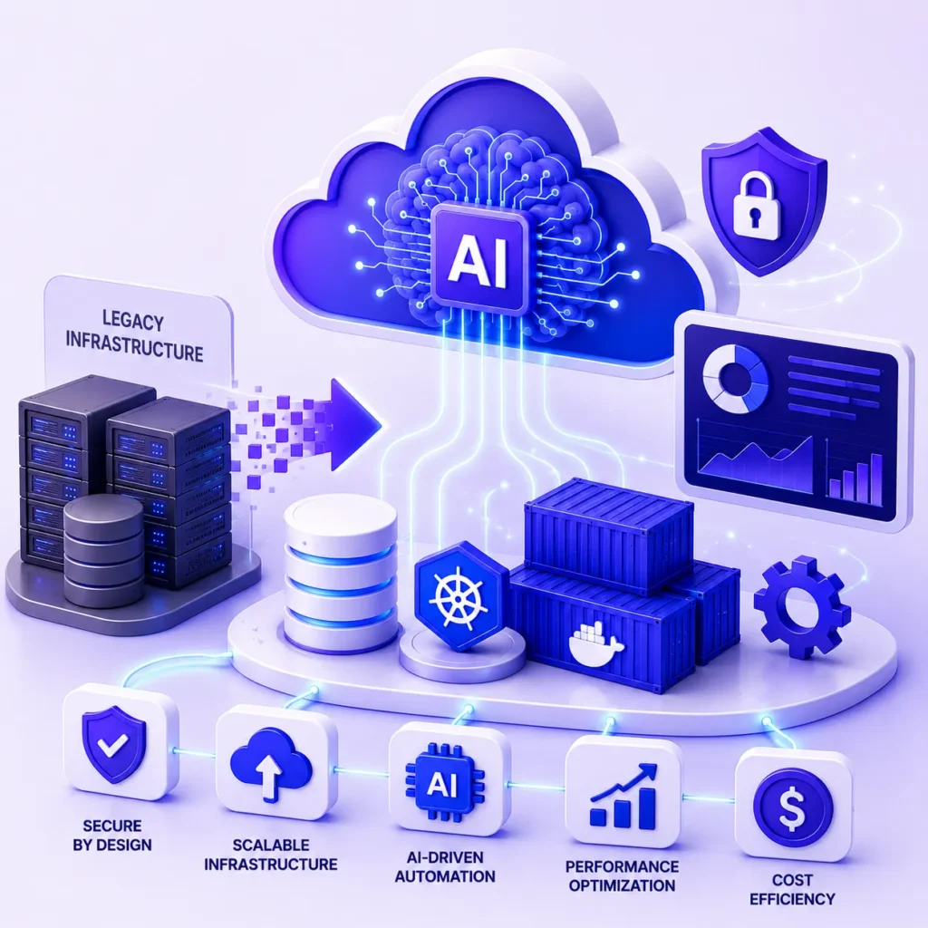 Secure, Scalable & AI-Driven Cloud Transformation – 3D illustration showcasing AI-powered cloud migration, legacy infrastructure modernization, Kubernetes, cloud automation, cloud security, scalable infrastructure, and performance optimization.