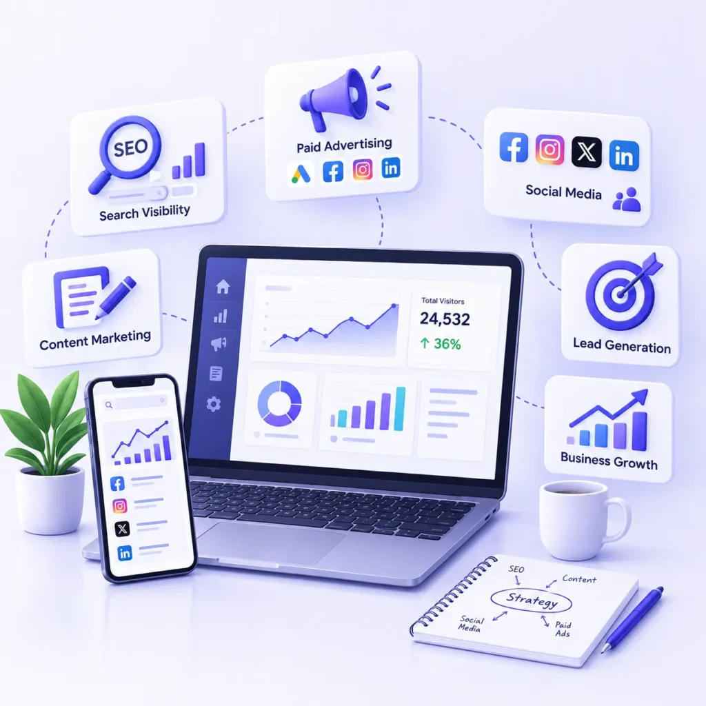 Digital marketing services for SEO, social media, paid advertising, lead generation, and business growth