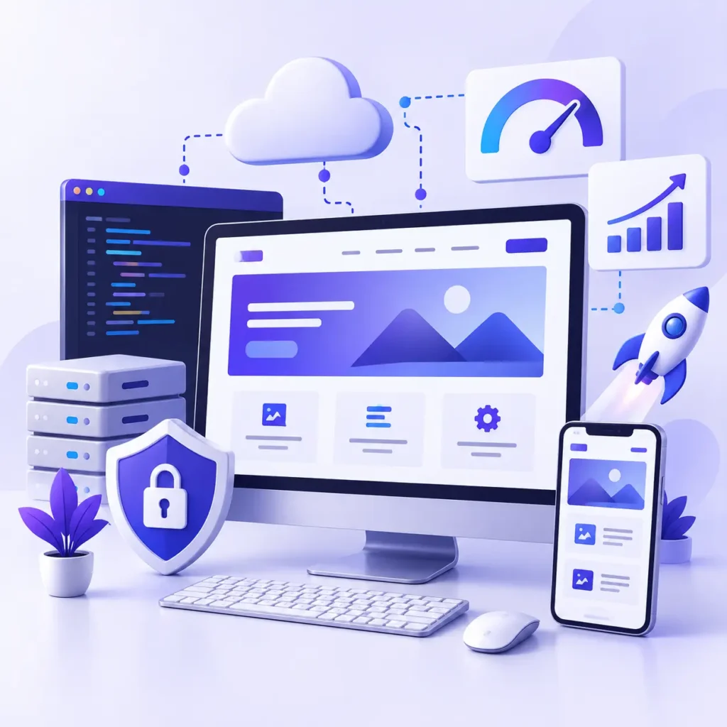 Modern website development illustration featuring responsive web design, coding, cloud integration, security, performance optimization, and business growth.