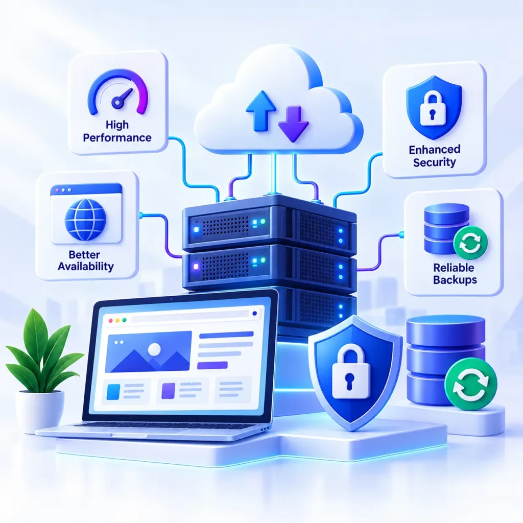 Website hosting infrastructure illustration showing secure servers, cloud hosting, website availability, high performance, and reliable backups.