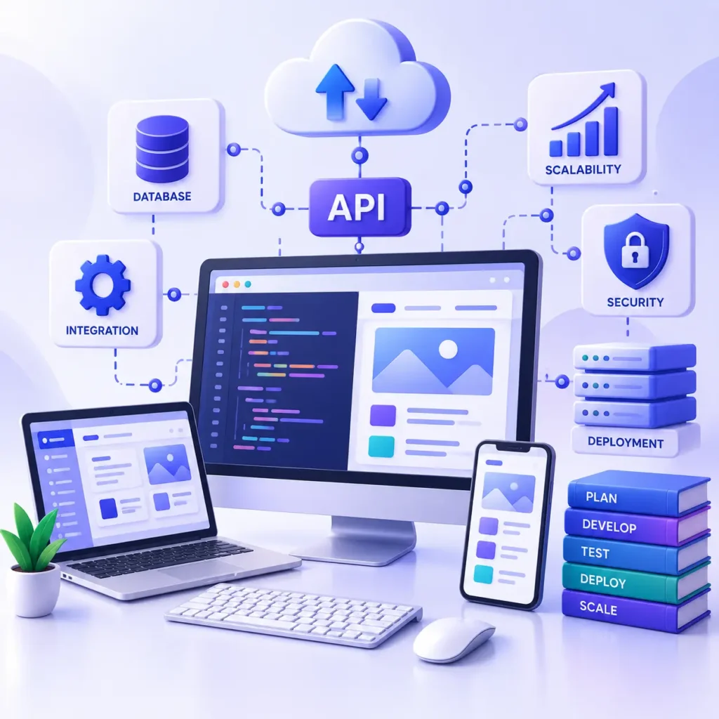 Scalable software development with API integration, database connectivity, cloud deployment, security, and modern application architecture.