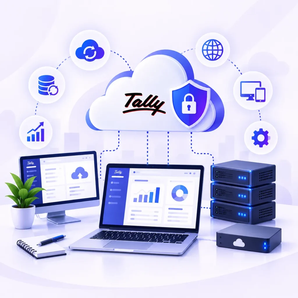 Secure Tally on Cloud infrastructure with cloud servers, financial data protection, remote access, backup, monitoring, and reliable business operations.