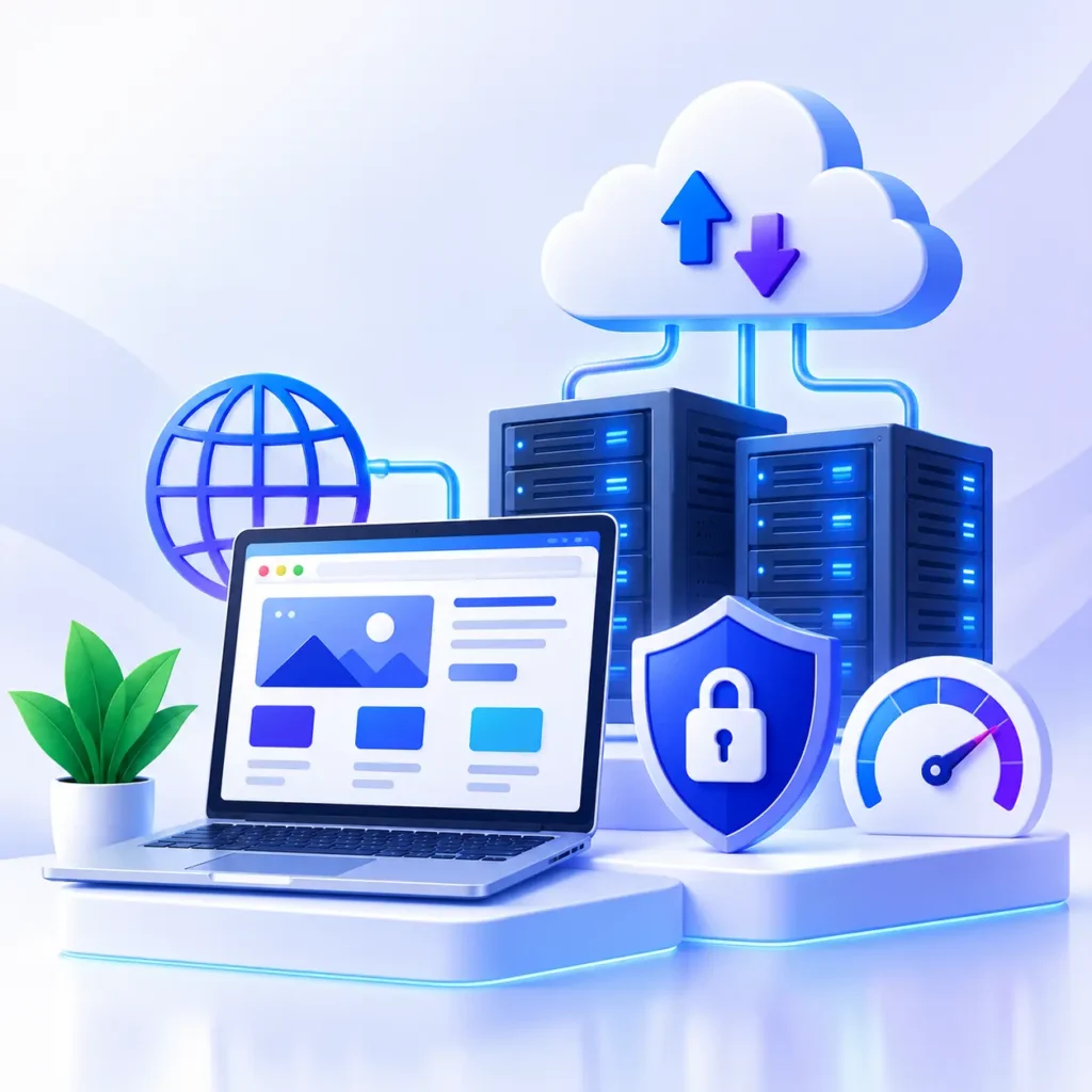 Secure website hosting infrastructure with cloud servers, website hosting, performance optimization, data backup, and server security.